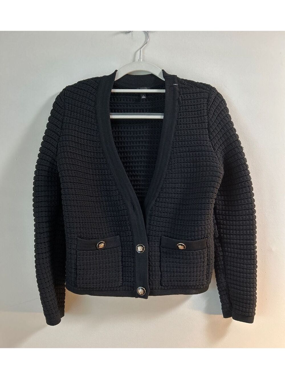 Talbots Black Textured Knit Cardigan Sweater with Gold Buttons Size Small